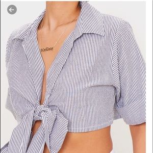 Grey woven strip short sleeve crop shirt
